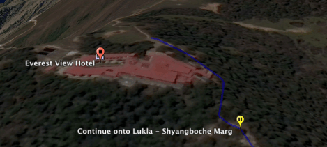 Continue on to Lukla - Shyangboche Marg for 130 m. (427 mi.) until you've reached Hotel Everest View.