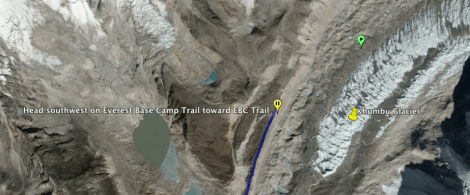 Head Southwest on the Everest Base Camp Trail toward the EBC Trail for 2.8 km. (1.7 mi.).