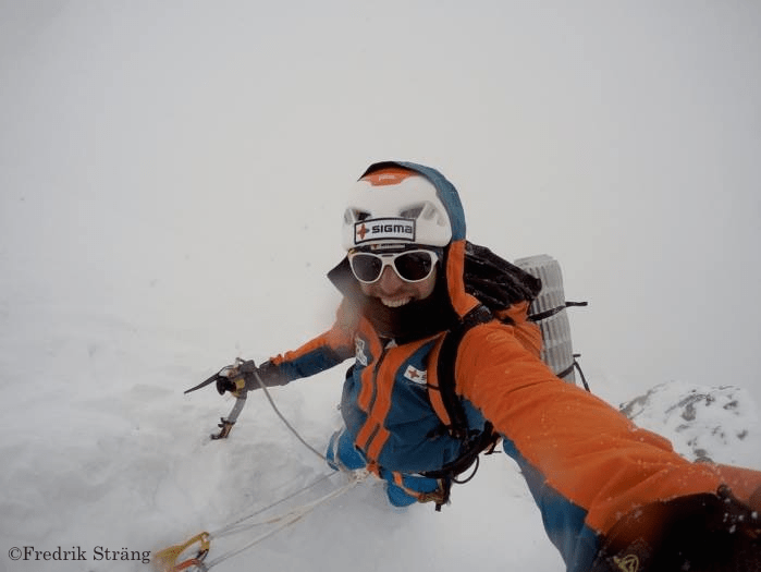 Fredrik Strang descending on K2 Base Camp in knee-deep snow k2 2017