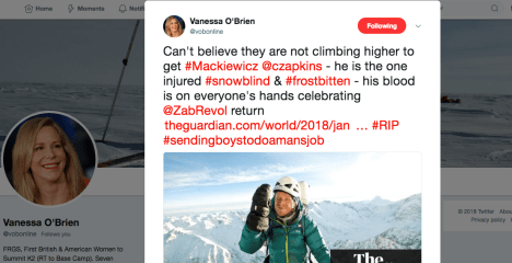 Tweet shows Vanessa O'Brien thinks the Nanga Parbat rescue of Elisabeth Revol could have done more to save Mackiewicz.