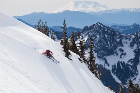 How to Ride Your First PNW Volcano geat the right gear, man skiing downhill